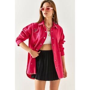 Olalook Women's Fuchsia Stitching And Embroidery Detailed Oversized Cotton Shirt Jacket With Pocket