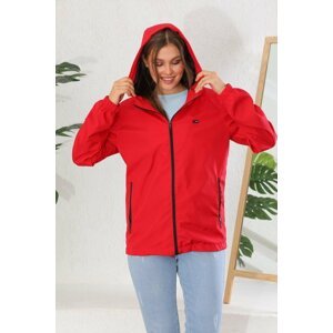D1fference Women's Red Lined Water And Windproof Hooded Raincoat With Pocket.