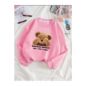 K&H TWENTY-ONE Women's Pink Shy Teddy Bear Printed Crewneck Sweatshirt.