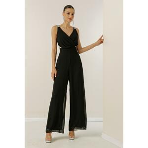 By Saygı Double Breasted Collar Straps Stone Detailed Lined Chiffon Jumpsuit.
