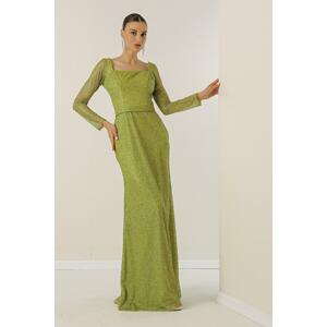 By Saygı Square Neck Lined Long Dress with Cut Stones and Wide Size Range