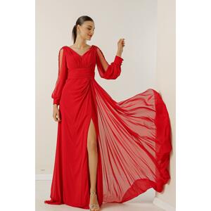 By Saygı V-Neck Front Draped Lined Sleeves Tulle Guipure Detailed Wide Body Interval Chiffon Long Dress
