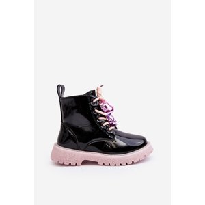 Children's patented insulated boots with embellishment, black-pink Bunnyjoy