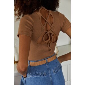 XHAN Women's Brown Back Detailed Short Sleeve Blouse