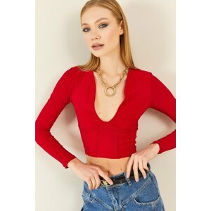 XHAN Women's Red V-Neck Underwire Blouse