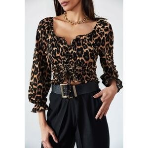 XHAN Women's Brown Leopard Patterned Gippe Pleated Blouse