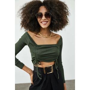 XHAN Women's Khaki Camisole Blouse with Pleated Front