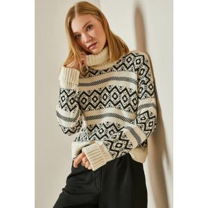 XHAN Black Ethnic Patterned Turtleneck Crop Sweater