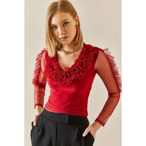 XHAN Claret Red V-Neck Tutu Detailed Blouse