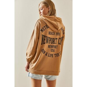 XHAN Camel-colored Printed Back Hoodie with Sweatshirt