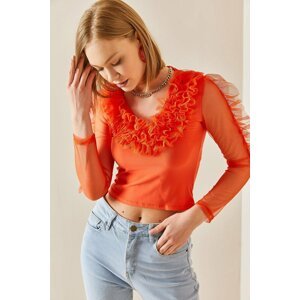 XHAN Orange V-Neck Tutu Detailed Blouse