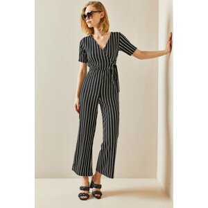 XHAN Black Double Breasted Collar Striped Jumpsuit