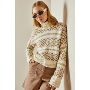 XHAN Mink Ethnic Patterned Turtleneck Crop Sweater