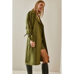 XHAN Khaki Double Breasted Collar Trench Coat With Pocket