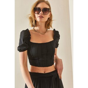 XHAN Black Square Collar Watermelon Sleeve Blouse