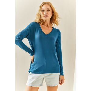 XHAN Petrol Blue V-Neck Flowy Blouse