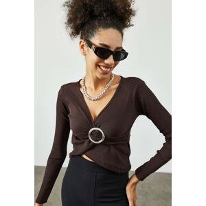 XHAN Women's Bitter Brown Double Breasted Collar Camisole Blouse with Accessory Detail
