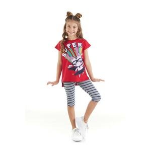 Mushi Super Cat Girl Kid's Red T-shirt, Gray Leggings Summer Suit.