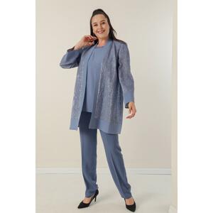 By Saygı Plus Size 3-Set With Pulp Detailed Jacket Blouse Trousers