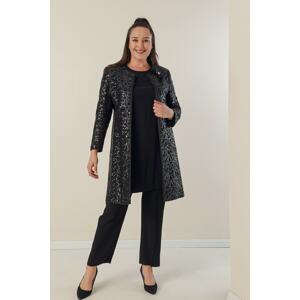 By Saygı Crepe Blouse with Side Slits, Sleeves and Sequin Lined Jacket and Trousers Plus Size 3-Piece Set