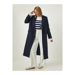 Happiness İstanbul Women's Navy Blue Double Breasted Collar Long Coat