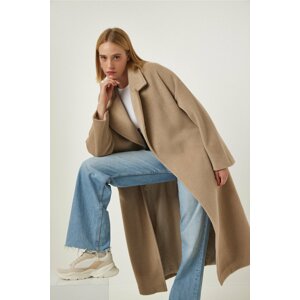 Happiness İstanbul Women's Beige Premium Belted Wool Long Cachet Coat with a Slit