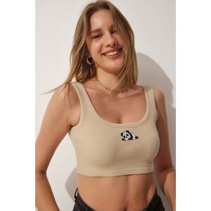 Happiness İstanbul Women's Cream Panda Embroidery Knitted Crop Top