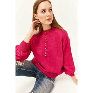 Olalook Women's Fuchsia Buttons Pinstripe, Soft Textured Knitwear Sweater