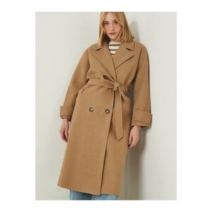 Happiness İstanbul Women's Camel Premium Double Breasted Collar Belted Long Cachet Wool Coat