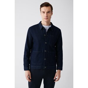 Avva Men's Navy Blue Classic Collar 100% Cotton Comfort Fit Comfortable Cut Denim Coat