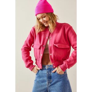 XHAN Fuchsia Snap Buttoned Crop Bomber Jacket