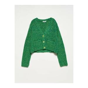Dilvin 60141 V-Neck Crop Sweater Cardigan-green