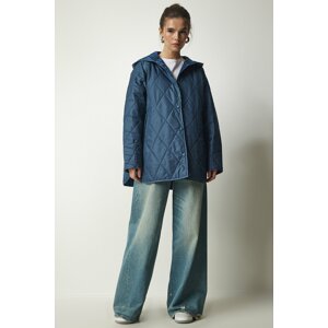 Happiness İstanbul Women's Indigo Blue Hooded Quilted Oversized Coat