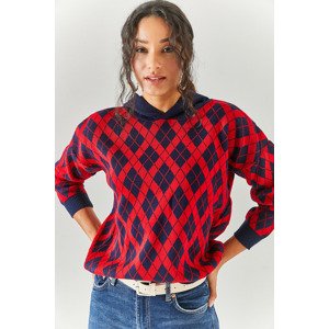 Olalook Women's Red Diamond Pattern Hooded Knitwear Sweater