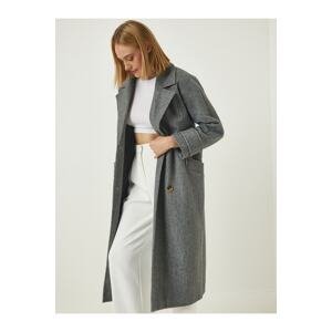 Happiness İstanbul Women's Anthracite Premium Double Breasted Collar Belted Woolen Long Cachet Coat