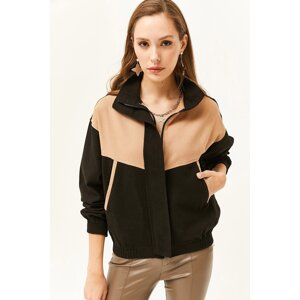 Olalook Women's Brown Color Block Pocket Soft Textured Cotton Jacket