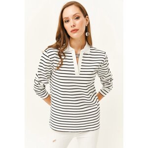 Olalook Women's White Polo Neck Striped Sweatshirt