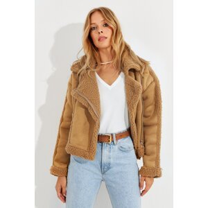 Cool & Sexy Women's Camel Faux Für Faux Suede Jacket AW064