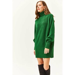 Olalook Women's Emerald Green Turtleneck Balloon Sleeve Soft Textured Tunic Dress