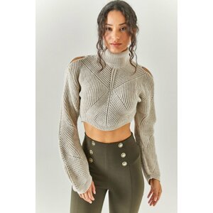 Olalook Women's Stone Shoulder Decollete Sleeve Detailed Crop Knitwear Sweater