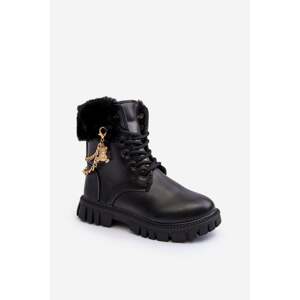 Leather warm children's ankle boots with chain, Black Cadia