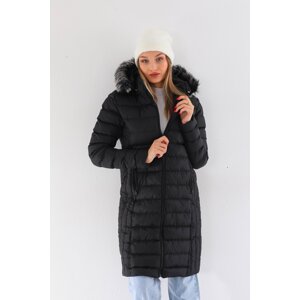 BİKELİFE Women's Black Long Filled Hood Furry Down Coat