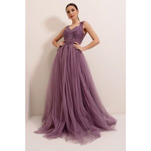 By Saygı Beading Embroidered Lined Long Tulle Dress Dry Rose