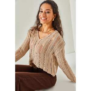 Olalook Women's Stone V-Neck Openwork Crop Knitwear Sweater