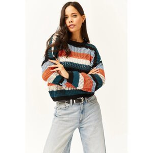 Olalook Women's Multicolor Color Striped Openwork Knitwear Sweater