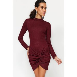 Trendyol Burgundy Fitted Glitter Knitted Elegant Evening Dress