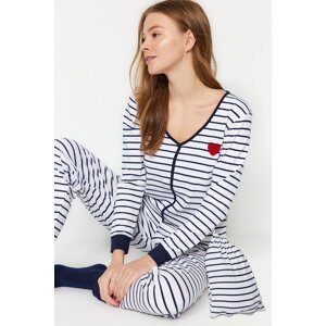 Trendyol Black and White Striped Cotton Bag Tshirt-Jogger Knitted Pajamas Set