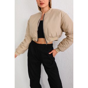 BİKELİFE Women Beige Oversize Bomber Jacket Coats