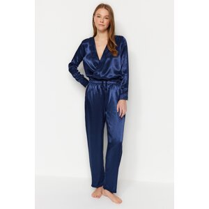 Trendyol Navy Blue Double Breasted Collar Waist Detail Satin Woven Pajamas Set