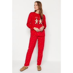 Trendyol Red Polka Dot Leisure Embroidered Tshirt-Pants Knitted Pajamas Set.